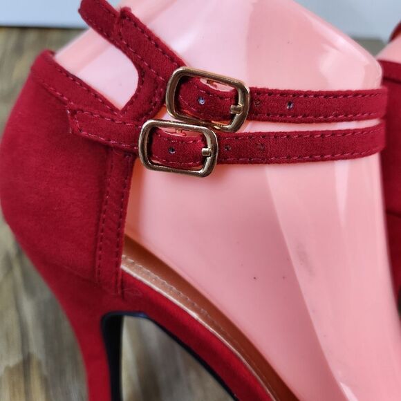 🩵NIB Red Faux Suede Leather Double Ankle Strap Platform Heels Size 7.5 - Picture 8 of 14